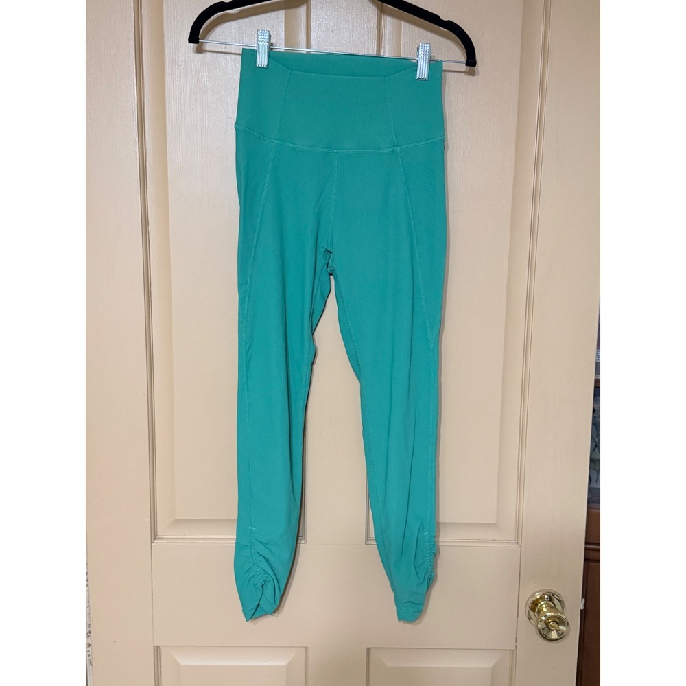 Wilo The Label Teal Ribbed High Waisted Ruched Ankle Leggings Womens Small